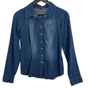 Guess Denim Button Up Blouse Womens Medium Pearl Snaps Chambray Boho Western